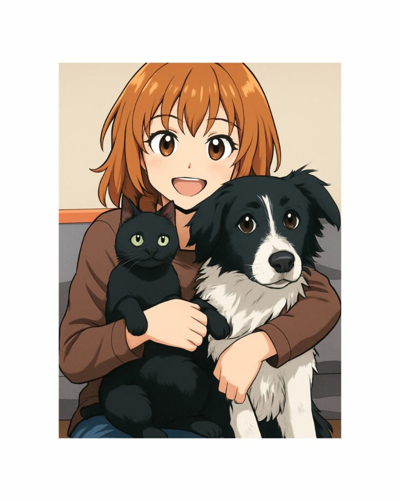moi avec mon chat et chien en version animé